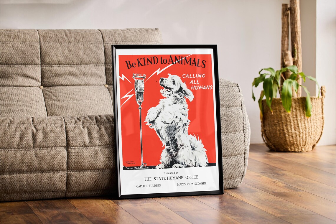 Be Kind To Animals Vintage Humane Society Dog Radio Microphone Poster - Image 3