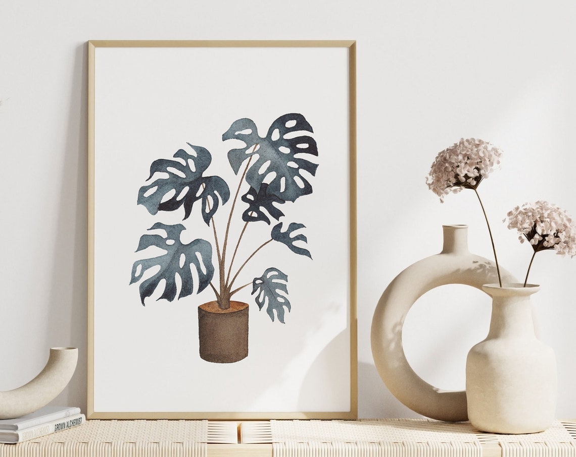 Navy Blue Monstera Watercolor Potted Plant Botanical Art Print - Image 3
