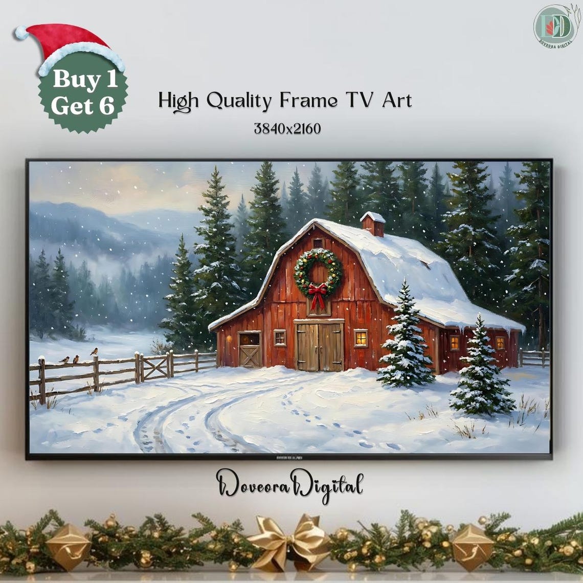 Winter Barn Christmas Wreath Snowy Red Farm Holiday Scene Poster