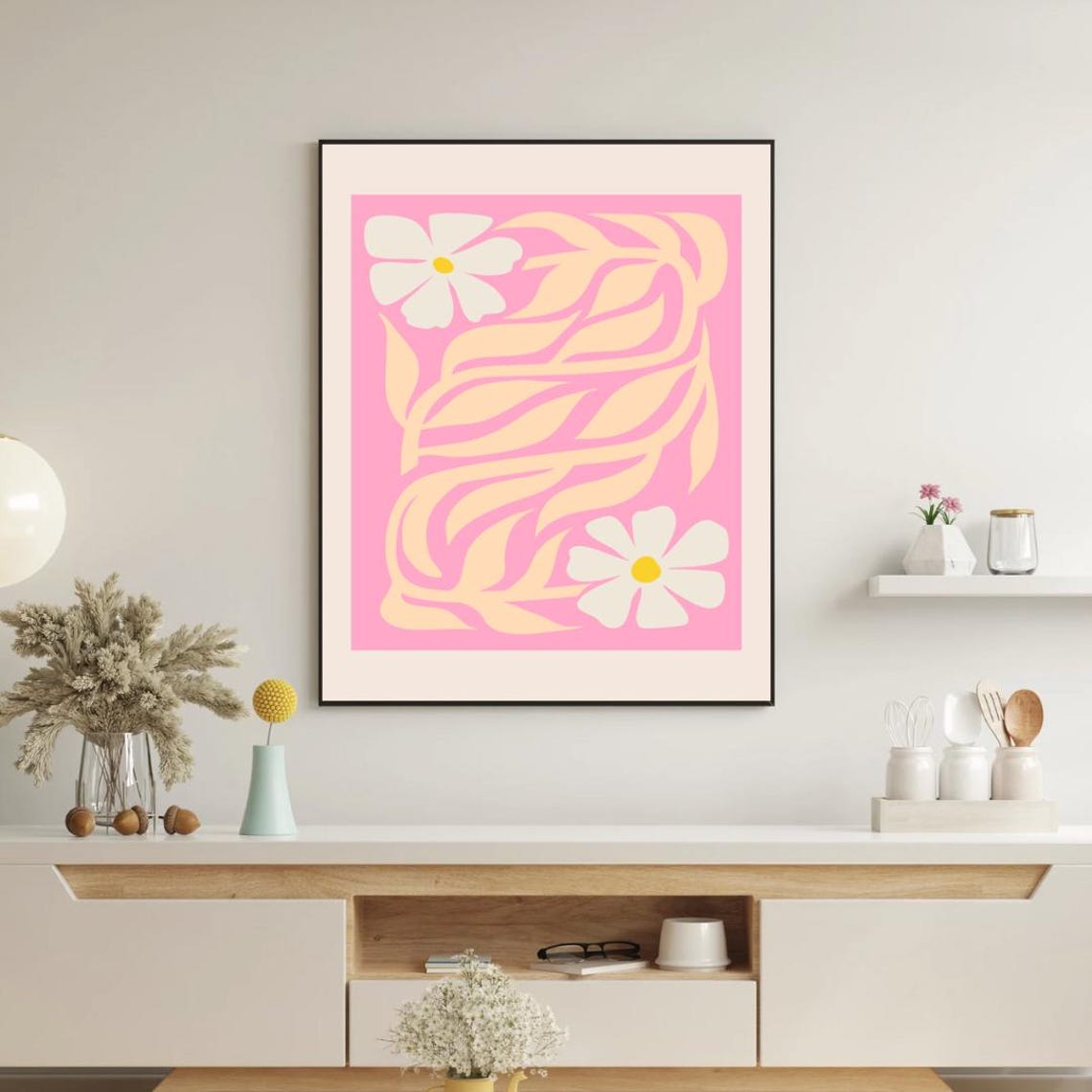 Pink Daisy Abstract Floral Poster with Peach Foliage Boho Wall Decor
