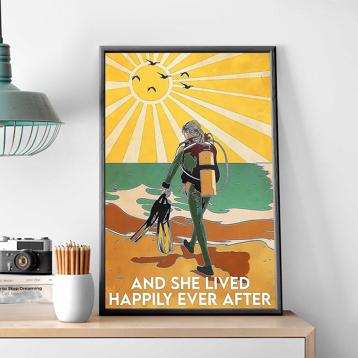 Vintage Scuba Girl Sunset Beach She Lived Happily Ever After Poster - Image 3