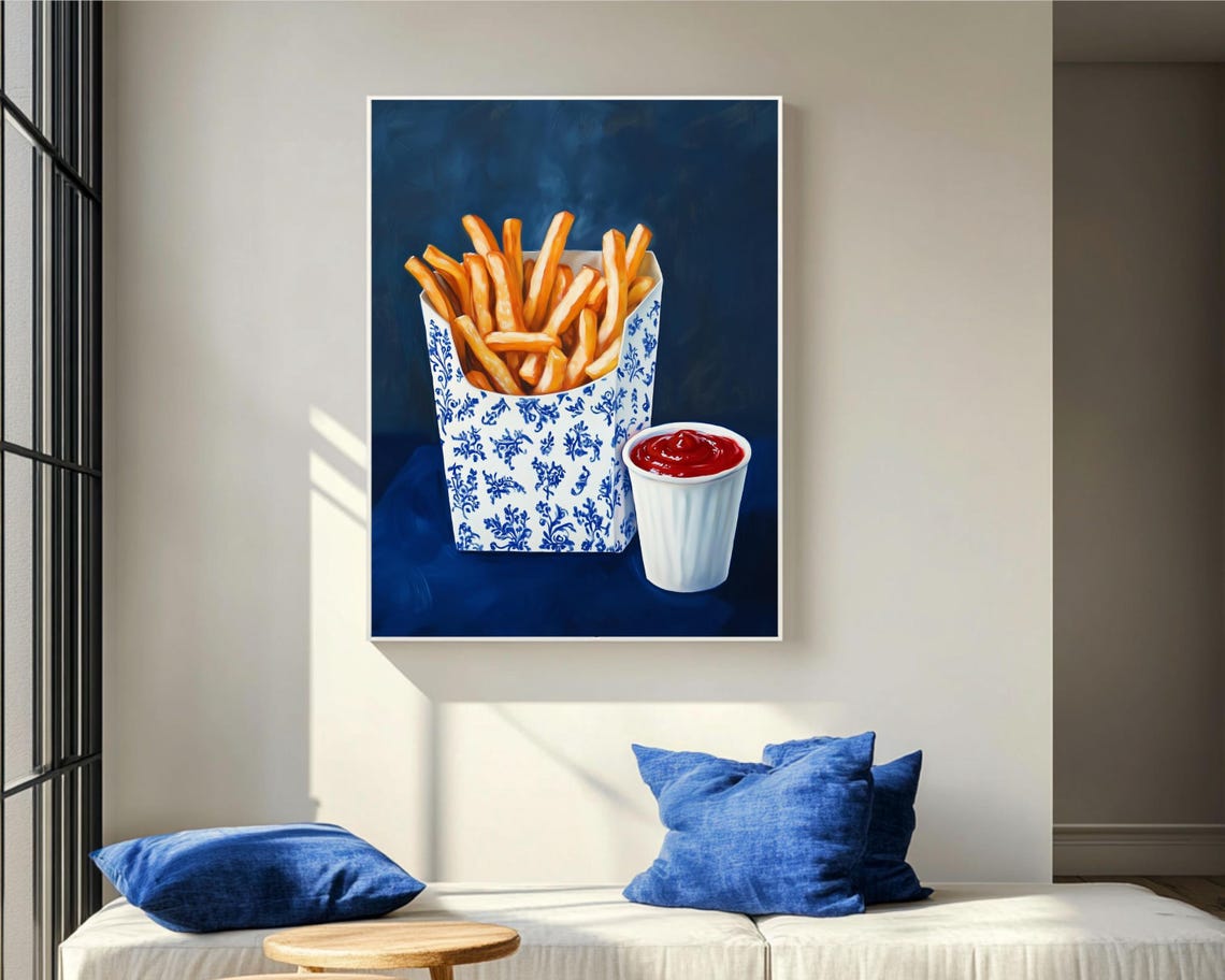 French Fries, Trendy Blue Retro Kitchen Art Print - Image 4