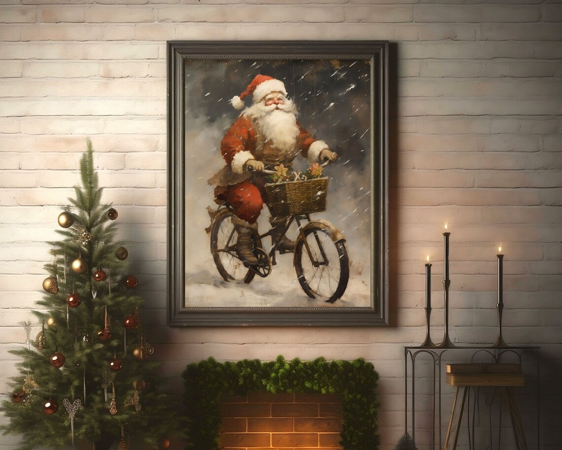 Santa on a Bike, Rustic Vintage Christmas Art Print - Image 4