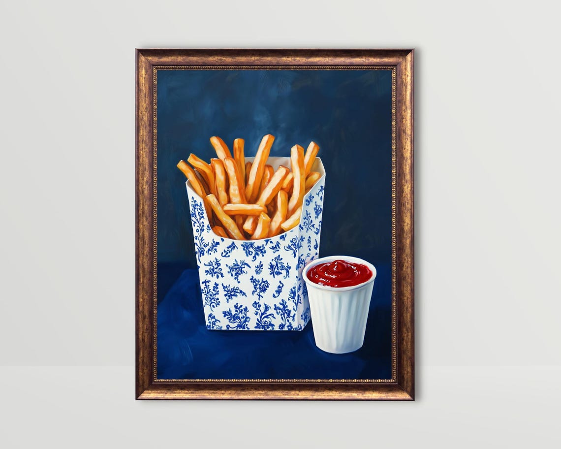 French Fries, Trendy Blue Retro Kitchen Art Print