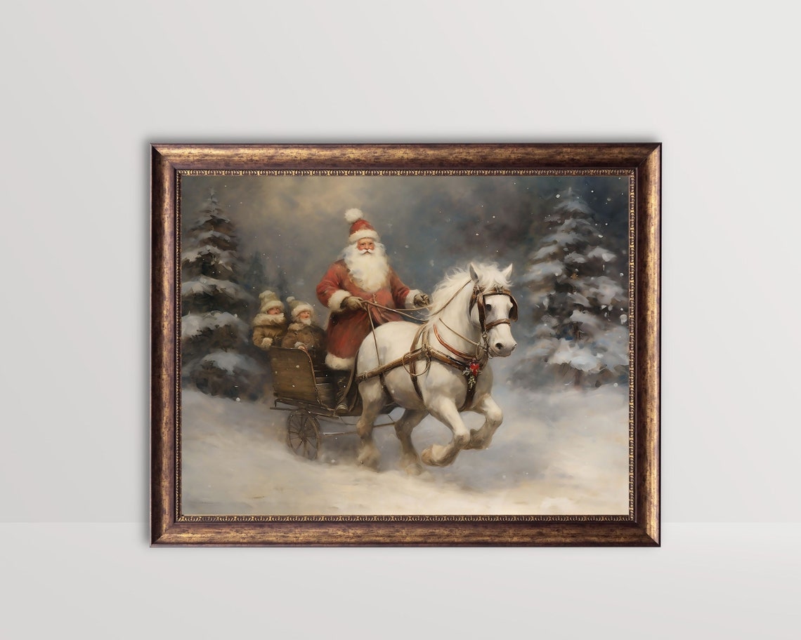 Santa Horse Sleigh Rustic Christmas Wall Art Festive Home Decor Farmhouse Holiday Print Vintage Winter Oil Painting Western Xmas
