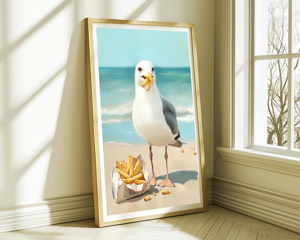 Seagull French Fries Beach Wall Art Cute Coastal Kitchen Decor Funny Food Prints Seaside Art Fun Snack Print French Fry Painting - Image 3