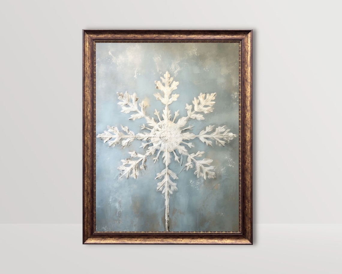 Vintage Snowflake Holiday Art Print, Nordic Farmhouse