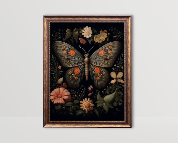 Black Moth Botanical Butterfly, Gothic Cottagecore Art Print