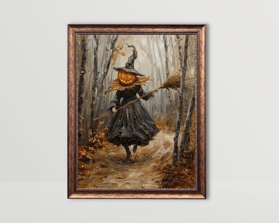 Pumpkin Head Witch With Broom Walking An Autumn Birch Forest Poster