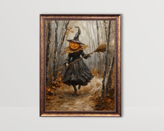 Pumpkin In Fall Forest Cottagecore Print Halloween Decor Goth Broom Witchy Wall Art Moody Autumn Vintage Painting Spooky Gothic Prints