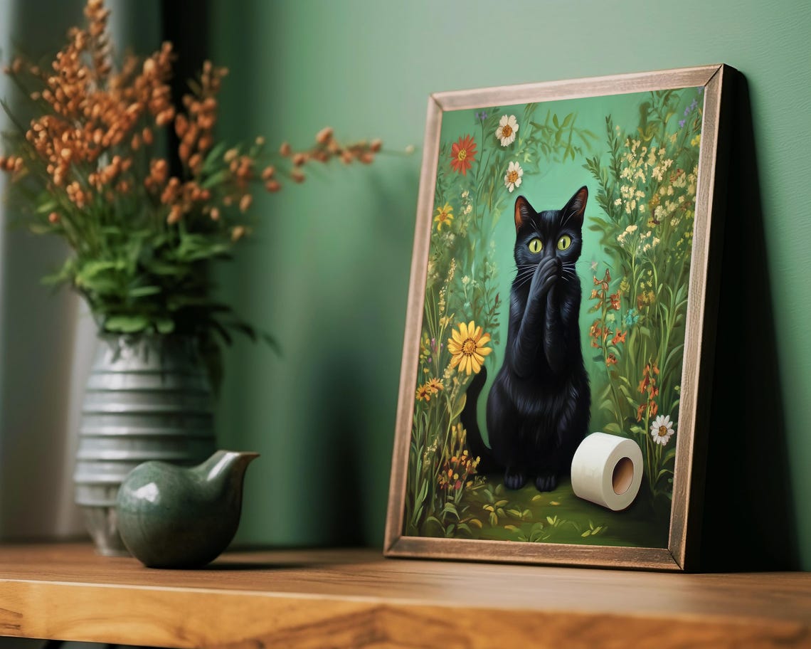 Cat Toilet Paper Funny Bathroom Wall Art Green Powder Room Prints Cute Black Cat Whimsical Art Print Fun Animal Poster Restroom Painting - Image 3