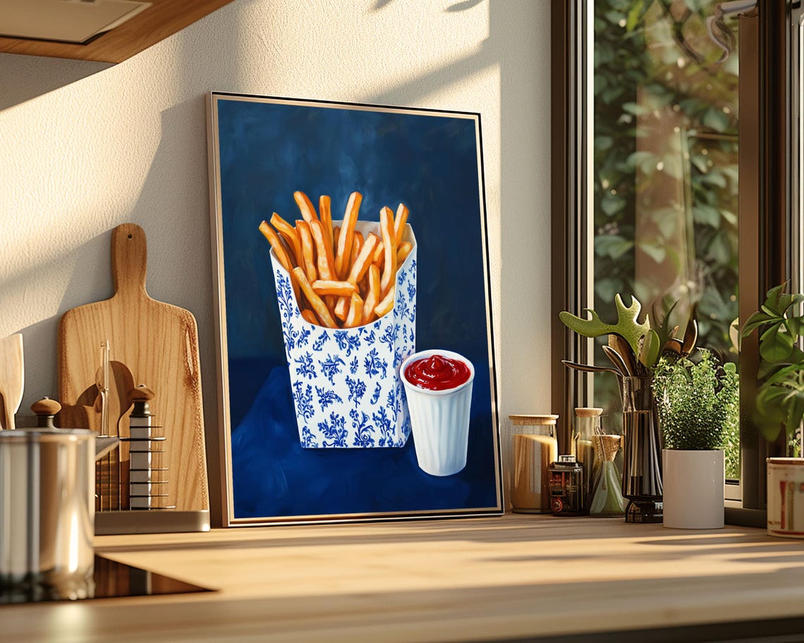 French Fries, Trendy Blue Retro Kitchen Art Print - Image 3