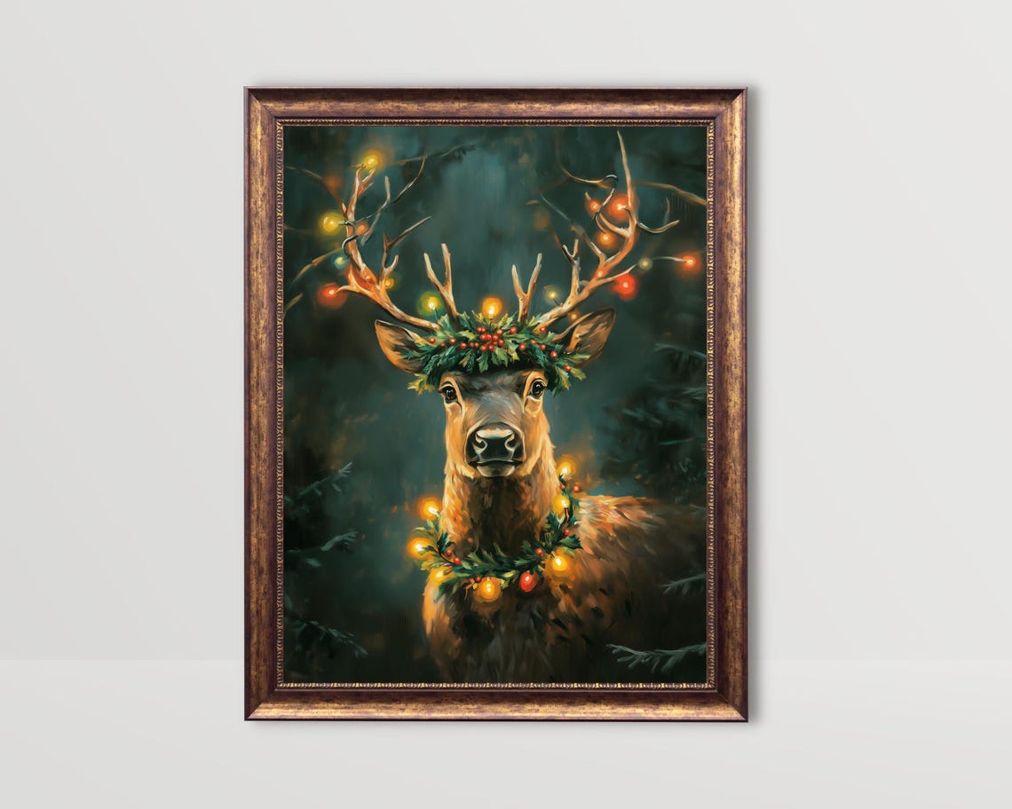 Reindeer Christmas Vintage Oil Painting Art Print