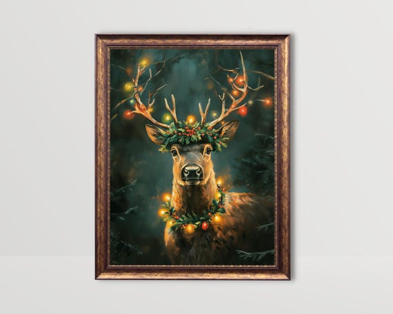 Reindeer Christmas Vintage Oil Painting Art Print