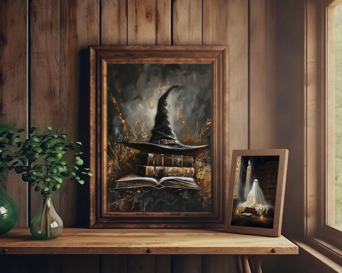 Witch Hat On Books Witchy Wall Art Fall Cottagecore Halloween Print Vintage Wizard Hat Dark Academia Prints Moody Book Decor - Image 2