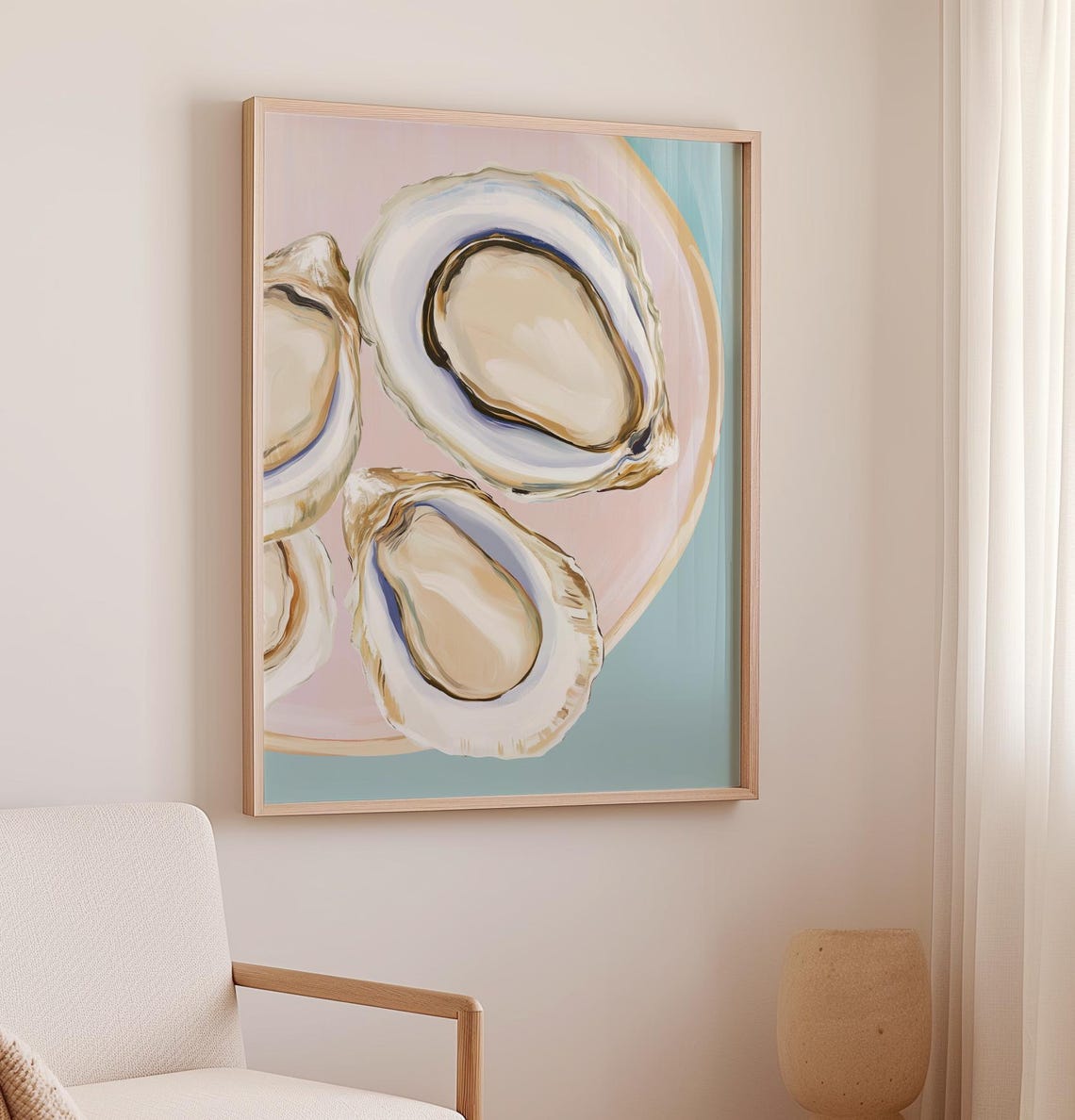 Three Oysters On A Plate Pastel Coastal Seafood Painting Poster - Image 2