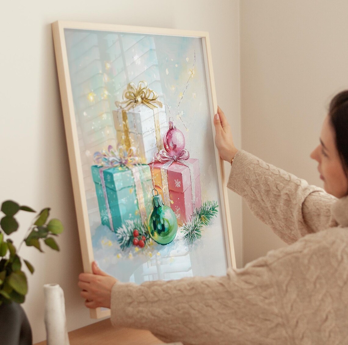 Pastel Christmas Gifts And Ornaments With Pine Festive Art Poster - Image 3