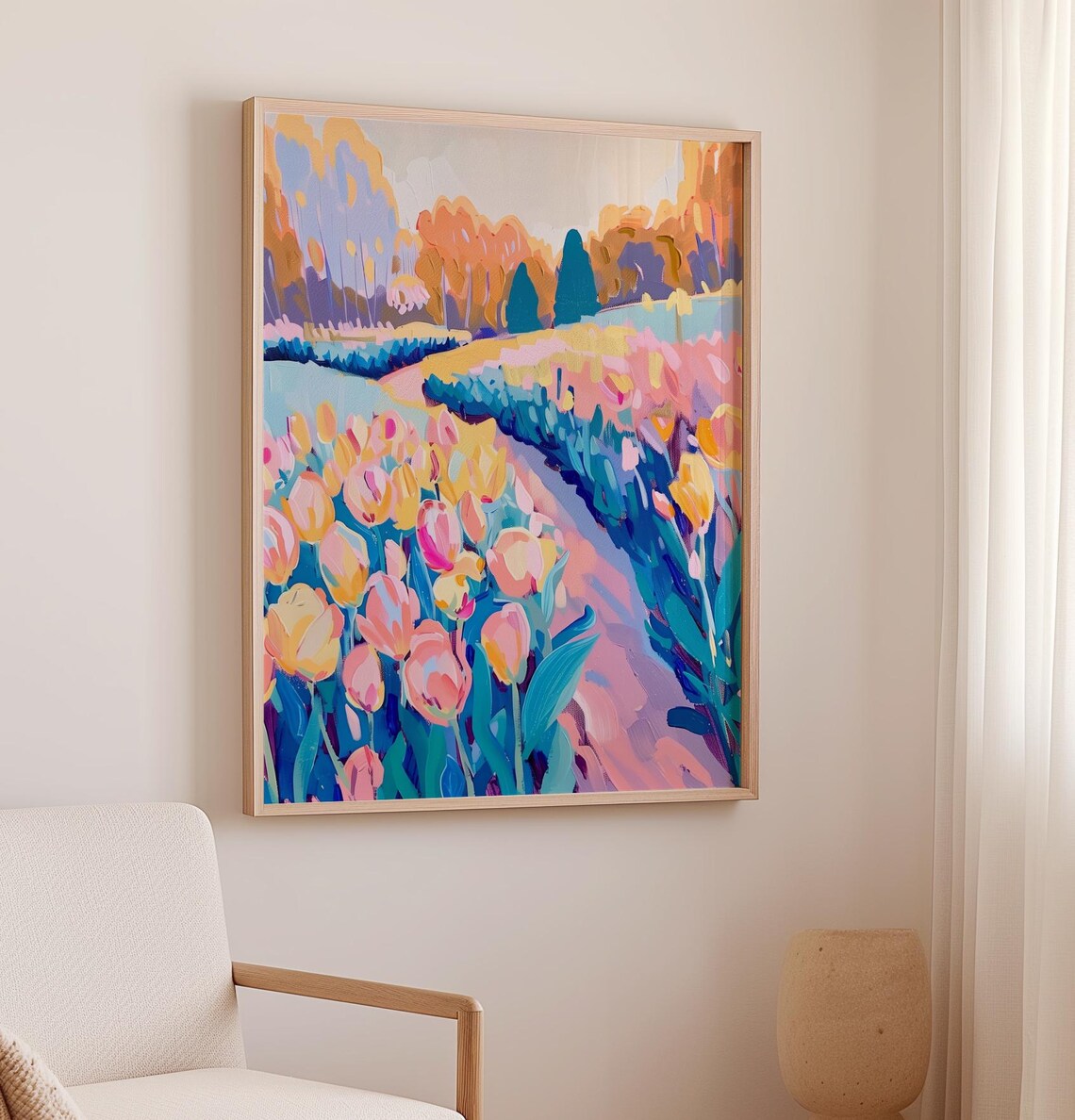 Tulip Field Rows In Spring Flower Farm Landscape Painting Poster - Image 2