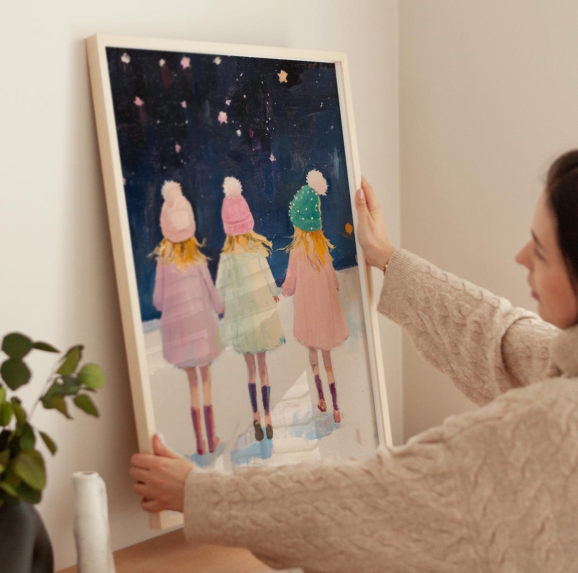 Winter Three Sisters Walking In Snow Under Starry Night Art Poster - Image 3