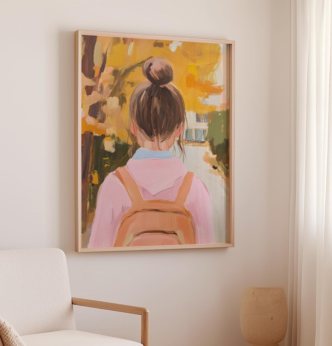 Girl With Bun And Backpack Walking Autumn Street Painting Poster - Image 2
