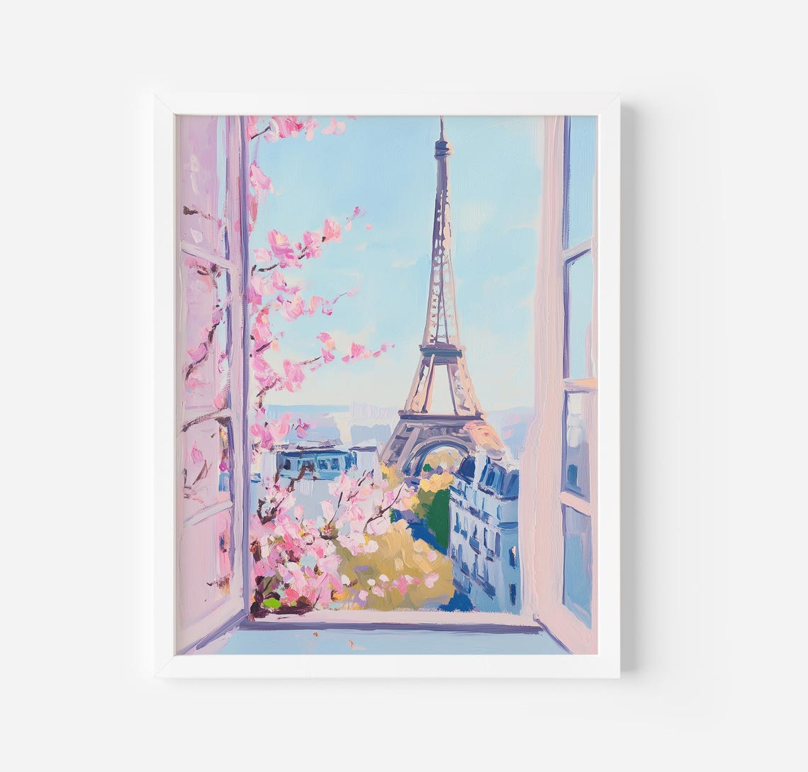 Eiffel Tower Through Window with Cherry Blossoms Paris Travel Poster