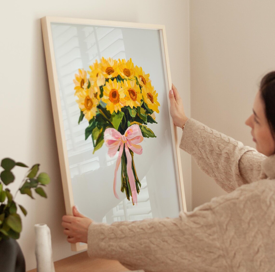 Yellow Sunflowers In A Pink Bow Painting Valentines Daisy Bouquet Floral Wall Art Print Girly Flower Black Eyed Susan Painting - Image 3