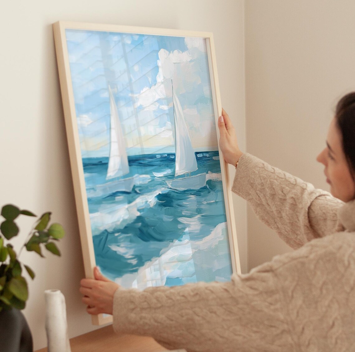 Two White Sailboats On Blue Ocean Waves Coastal Nautical Art Poster - Image 3
