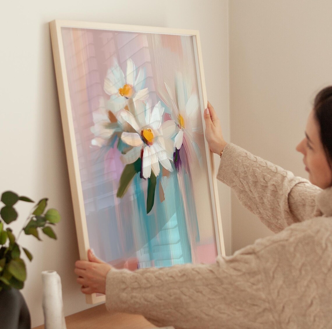 Fresh White Daisy Bouquet In Blue Glass Vase Pastel Floral Poster - Image 3