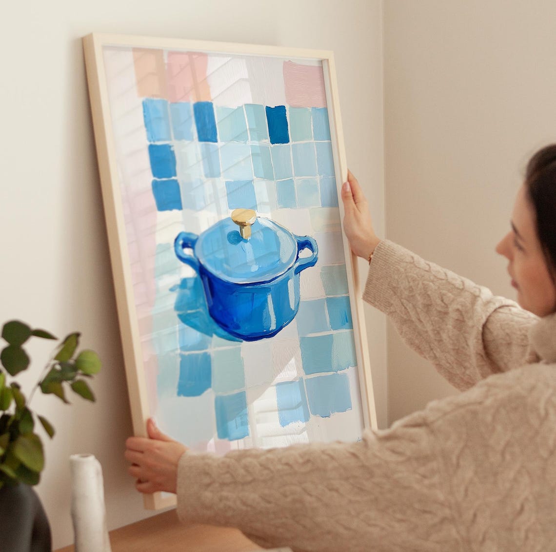 Blue Dutch Oven Pot on Checkered Cloth Cozy Kitchen Still Life Poster - Image 3