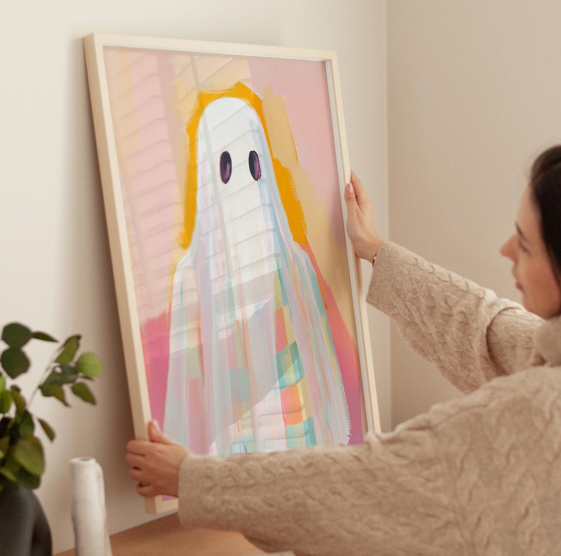 Sheet Ghost With Rainbow Plaid Peeking Out Pastel Halloween Poster - Image 3