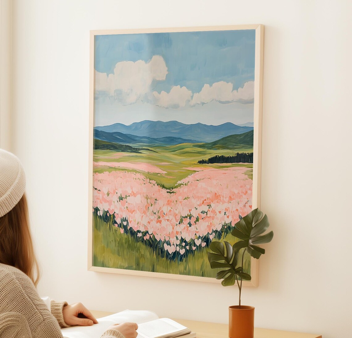 Pink Heart Flower Field With Mountain Valley View Art Poster - Image 2