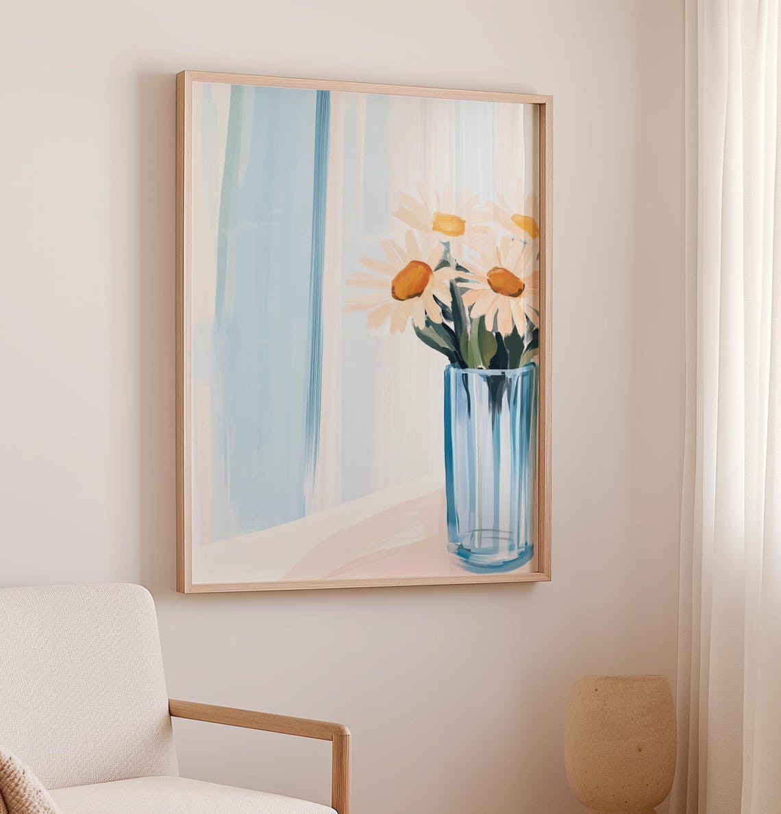 White Daisies In Blue Glass Vase By Sunny Window Floral Poster - Image 2