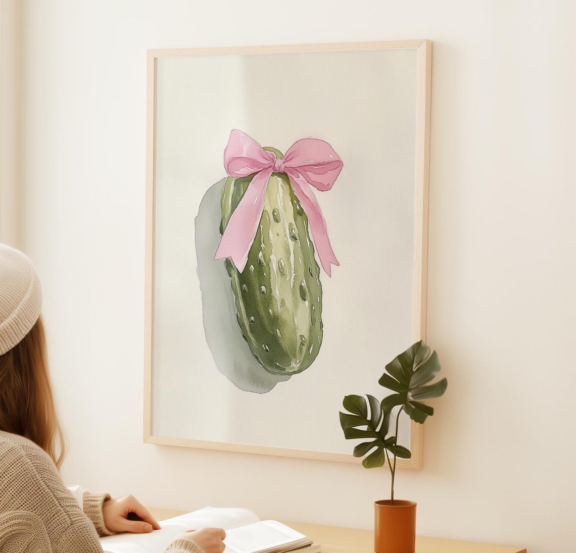 Dill Pickle With Pink Bow Quirky Watercolor Kitchen Art Poster - Image 2