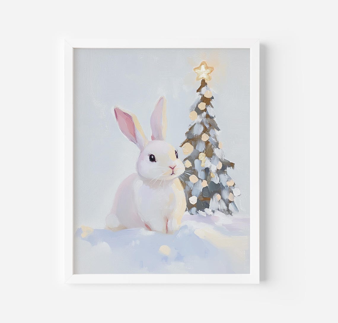 White Bunny Beside A Snowy Christmas Tree With Gold Star Poster - Image 3