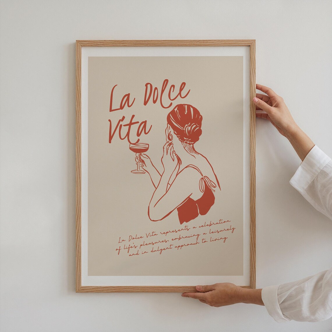 La Dolce Vita Woman Sipping Wine Red Sketch Italian Quote Wall Poster