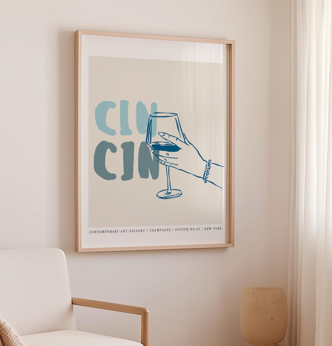 Cin Cin Wine Toast Blue Line Art Hand Champagne Gallery Wall Poster - Image 3