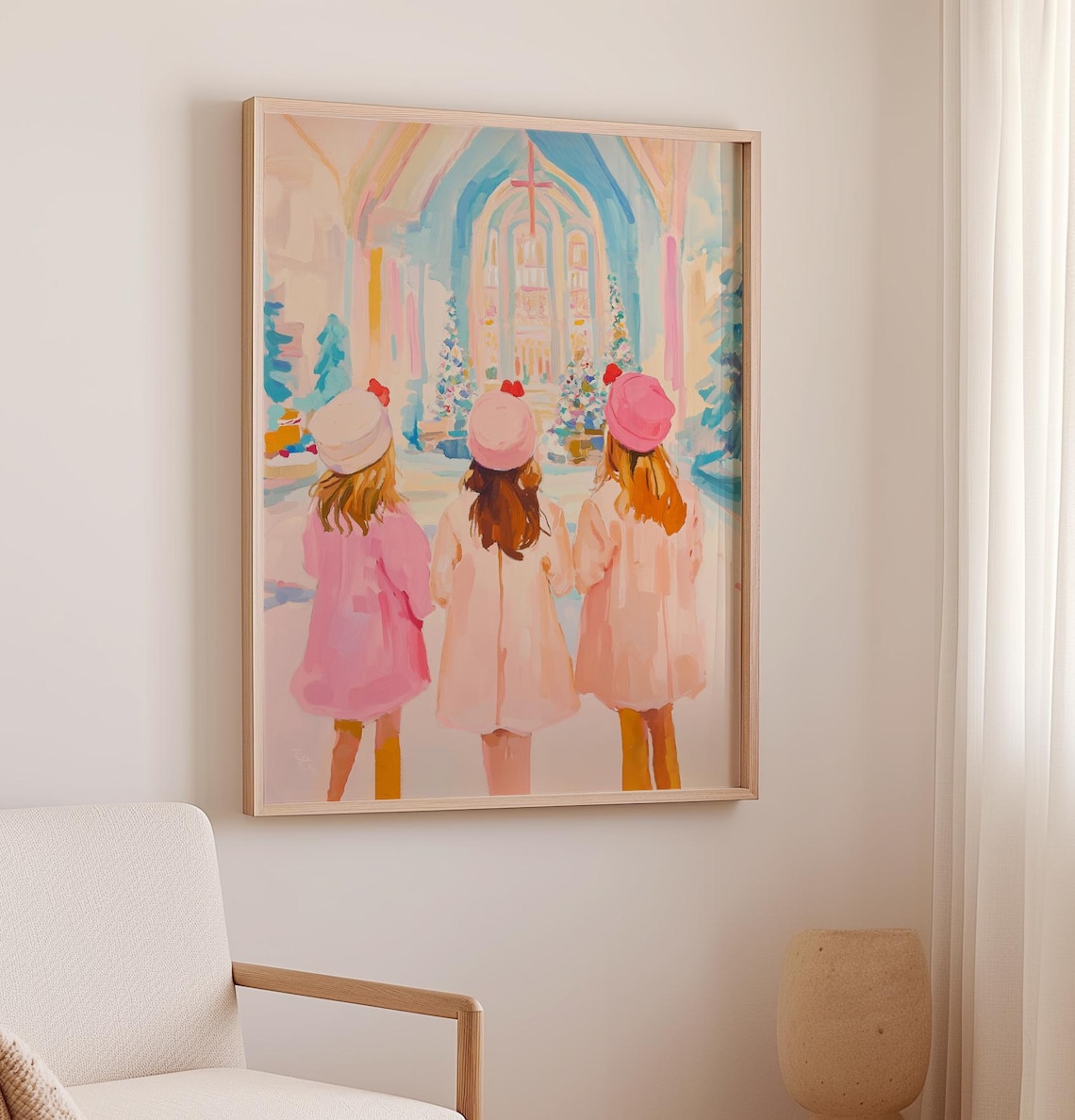 Three Girls In Pink Coats At A Christmas Church Service Poster - Image 2