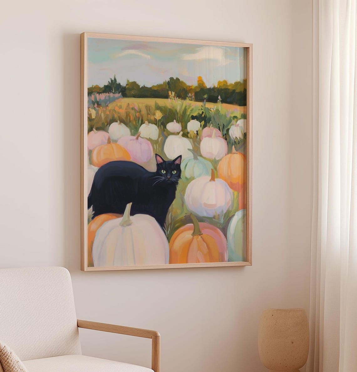 Black Cat In Pastel Pumpkin Patch Autumn Halloween Art Poster - Image 2