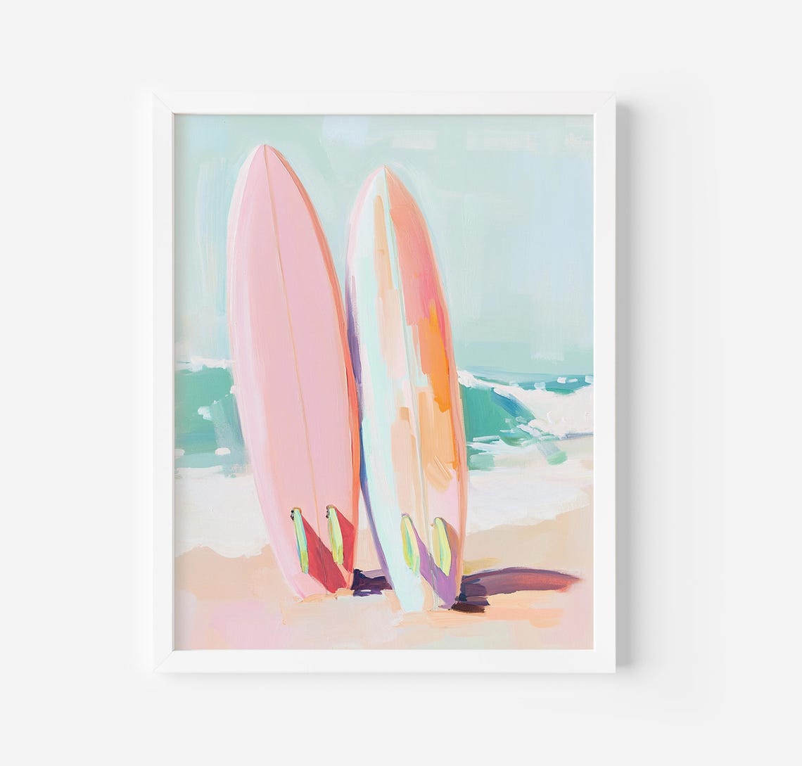 Sunny Two Pastel Surfboards On The Sand Coastal Summer Art Poster