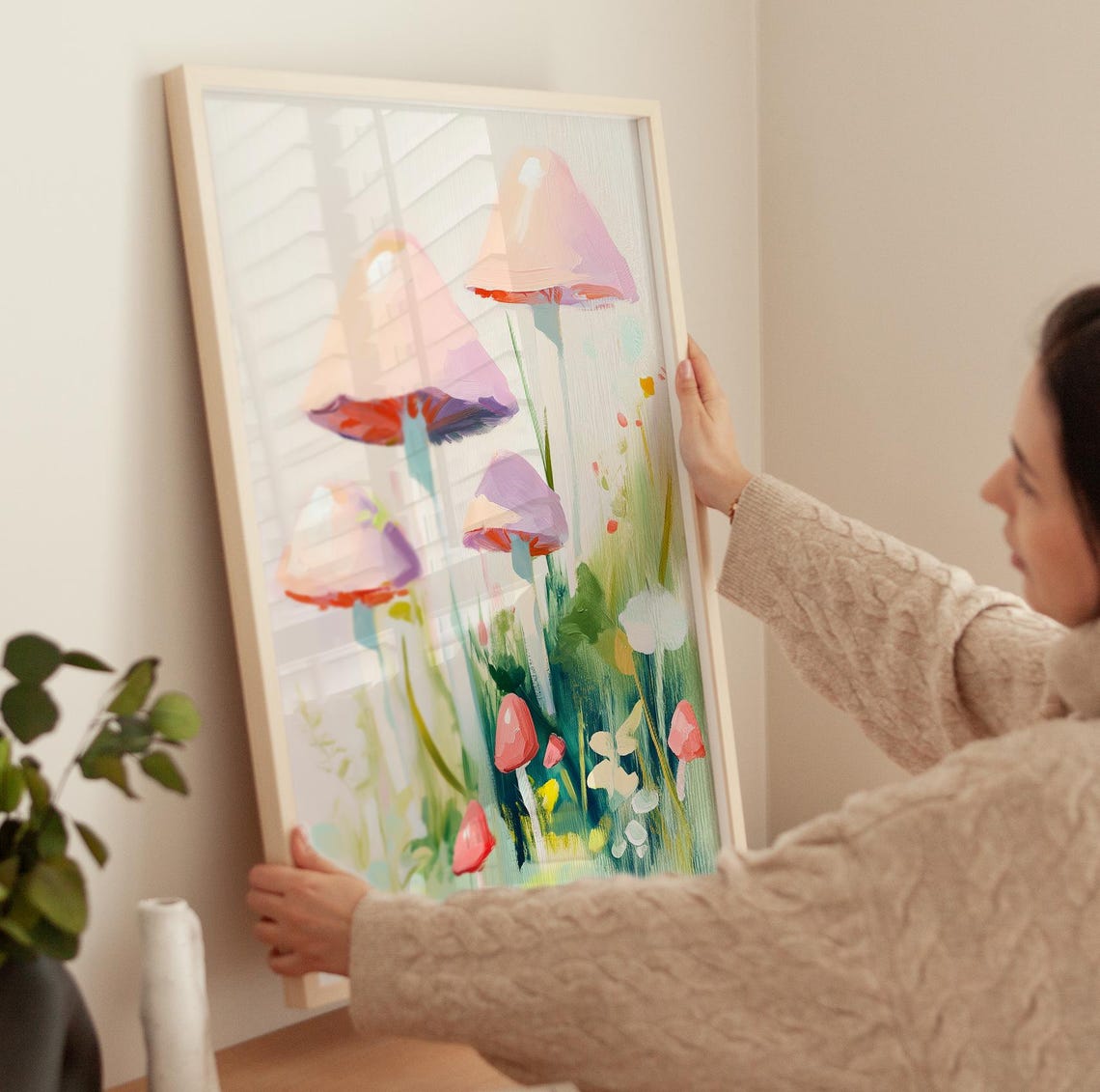 Tall Pastel Mushrooms In Forest Grass Boho Nursery Art Poster - Image 3