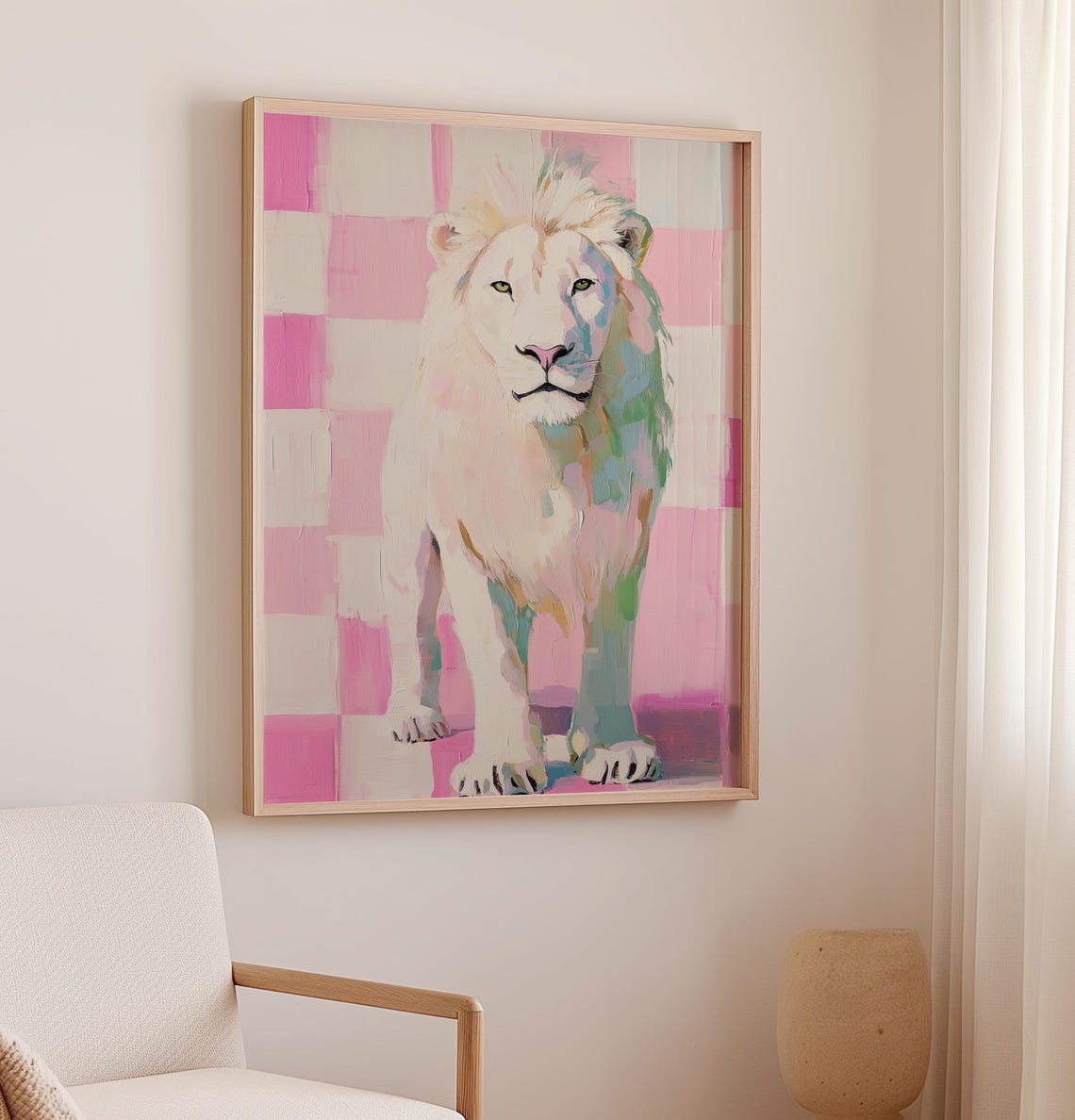 White Lion on Pink Checkered Background Pop Art Animal Kingdom Poster - Image 2