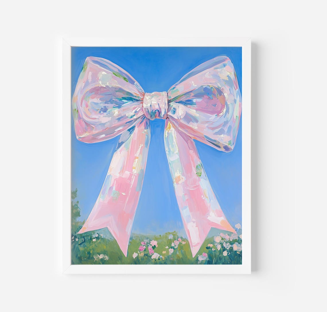 Giant Iridescent Pink Bow Over Flower Meadow Blue Sky Art Poster