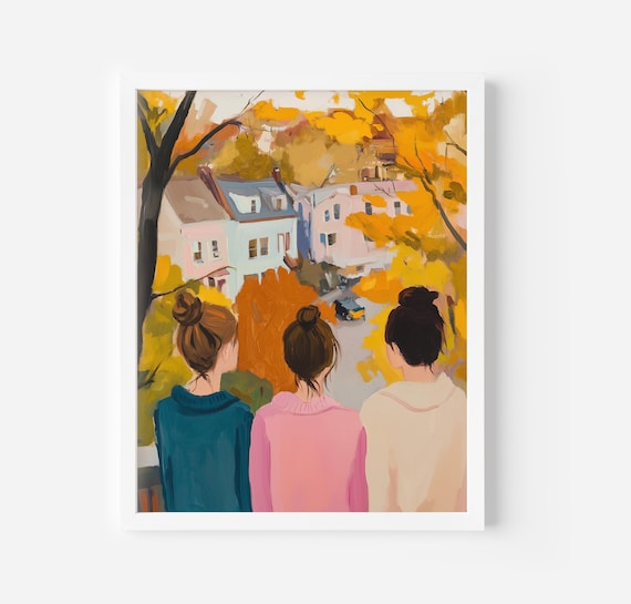 Three Girls Fall Acrylic Painting Autumn Wall Art Print Girls Room Autumn Cute Friends Fall Gift