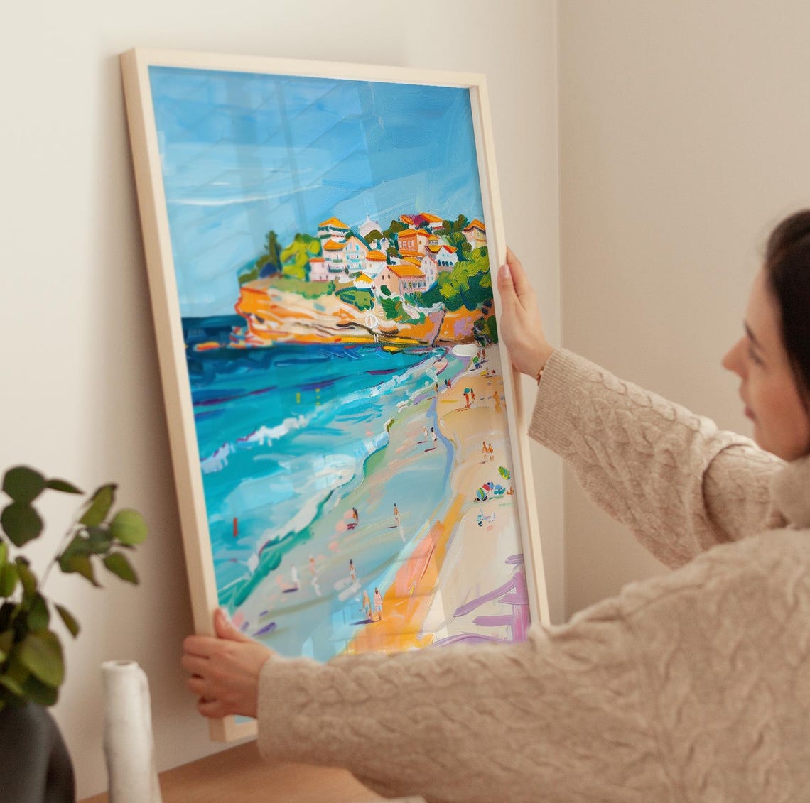 Coastal Cliffside Town Beach Scene Summer Travel Painting Poster - Image 3
