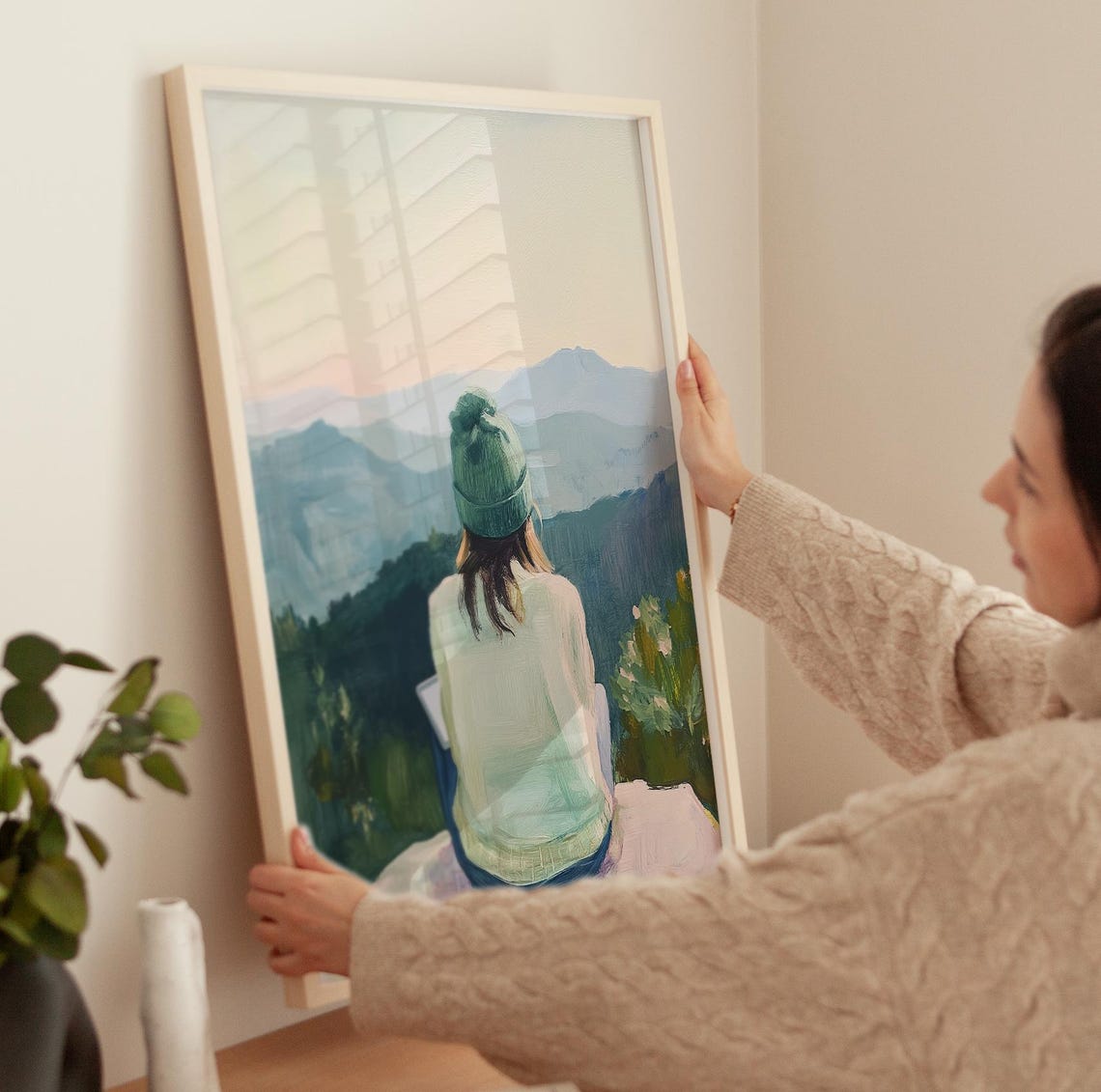 Hiker Overlooking Mountain Sunset Layers Adventure Travel Poster