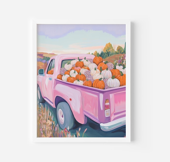 Pink Vintage Pickup Truck Full of Pumpkins Fall Harvest Scene Poster