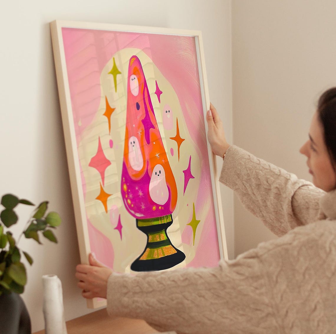 Cute Ghost Lava Lamp With Retro Sparkles Pink Halloween Poster - Image 3