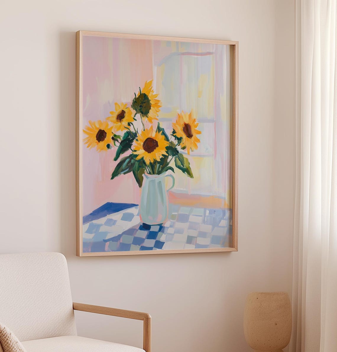 Sunflowers In Blue Pitcher Checkered Table Summer Floral Poster - Image 2
