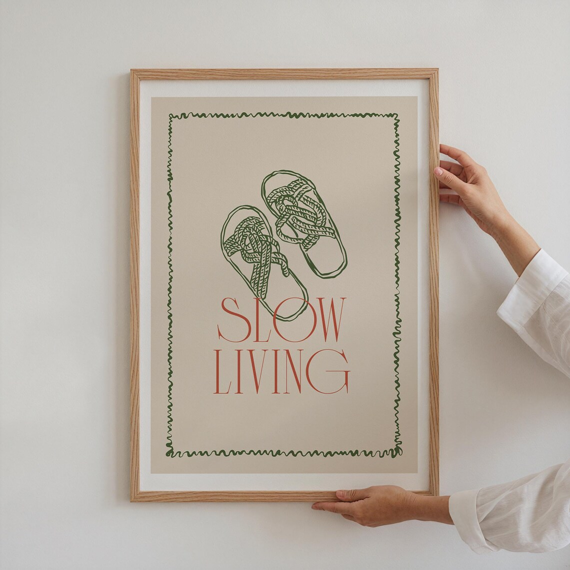 Slow Living Print Rope Sandals Beach Quote Beige Green Retro Wall Art