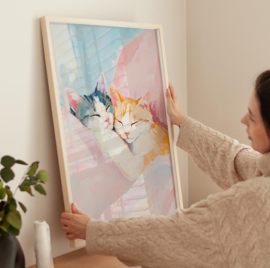 Two Sleeping Kittens Cuddling On Pink Blanket Pastel Cat Poster - Image 3